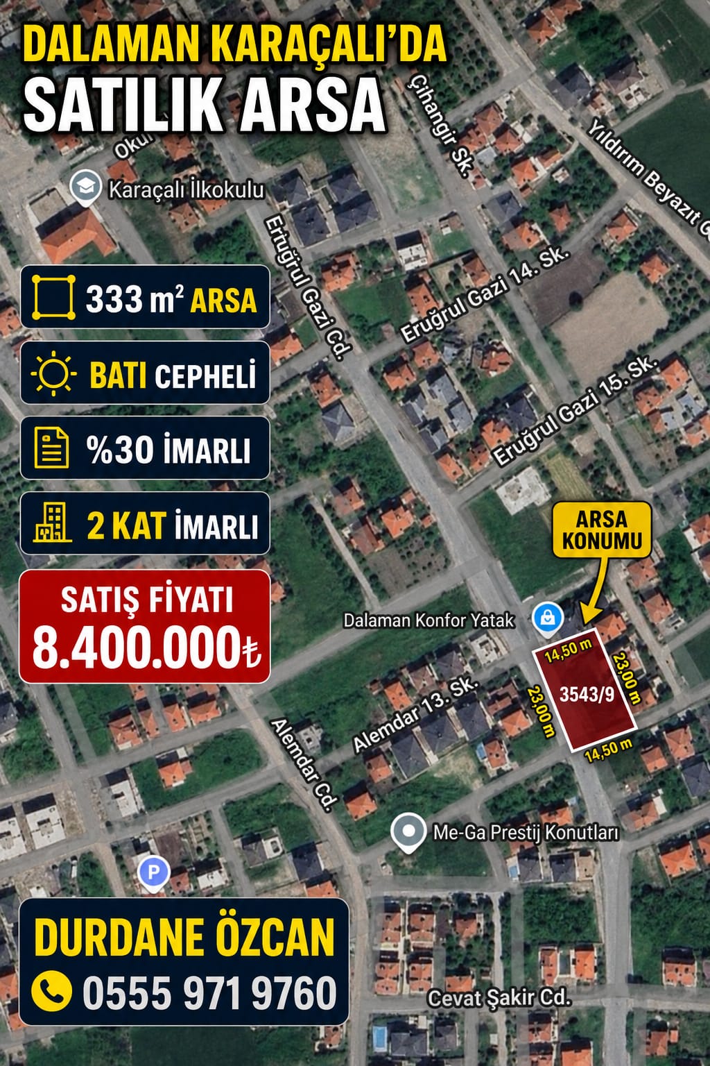 DALAMAN KARAÇALIDA BATI CEPHELİ 2 KAT İMARLI 333m² SATILIK ARSA