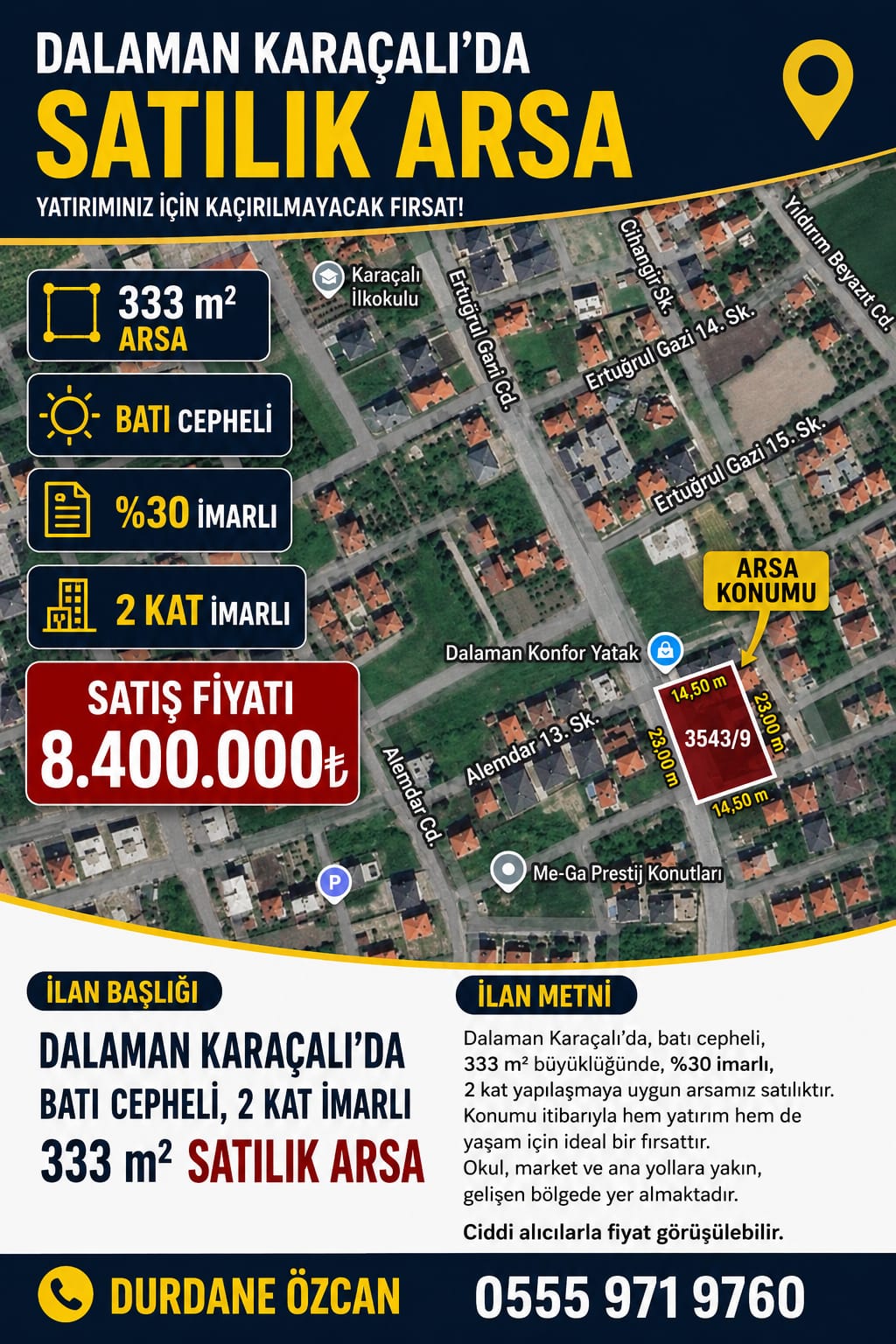 DALAMAN KARAÇALIDA BATI CEPHELİ 2 KAT İMARLI 333m² SATILIK ARSA