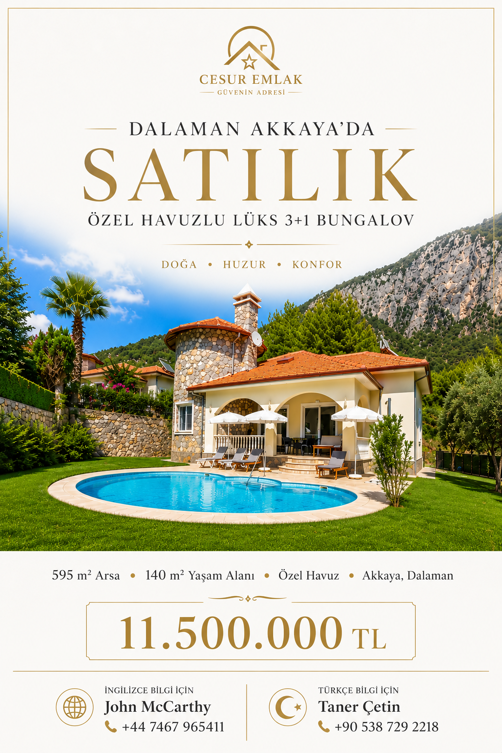 DALAMAN AKKAYA'DA SATILIK ÖZEL HAVUZLU 3+1 BUNGALOV | 595 m² ARSA | DAĞ VE ORMAN MANZARASI