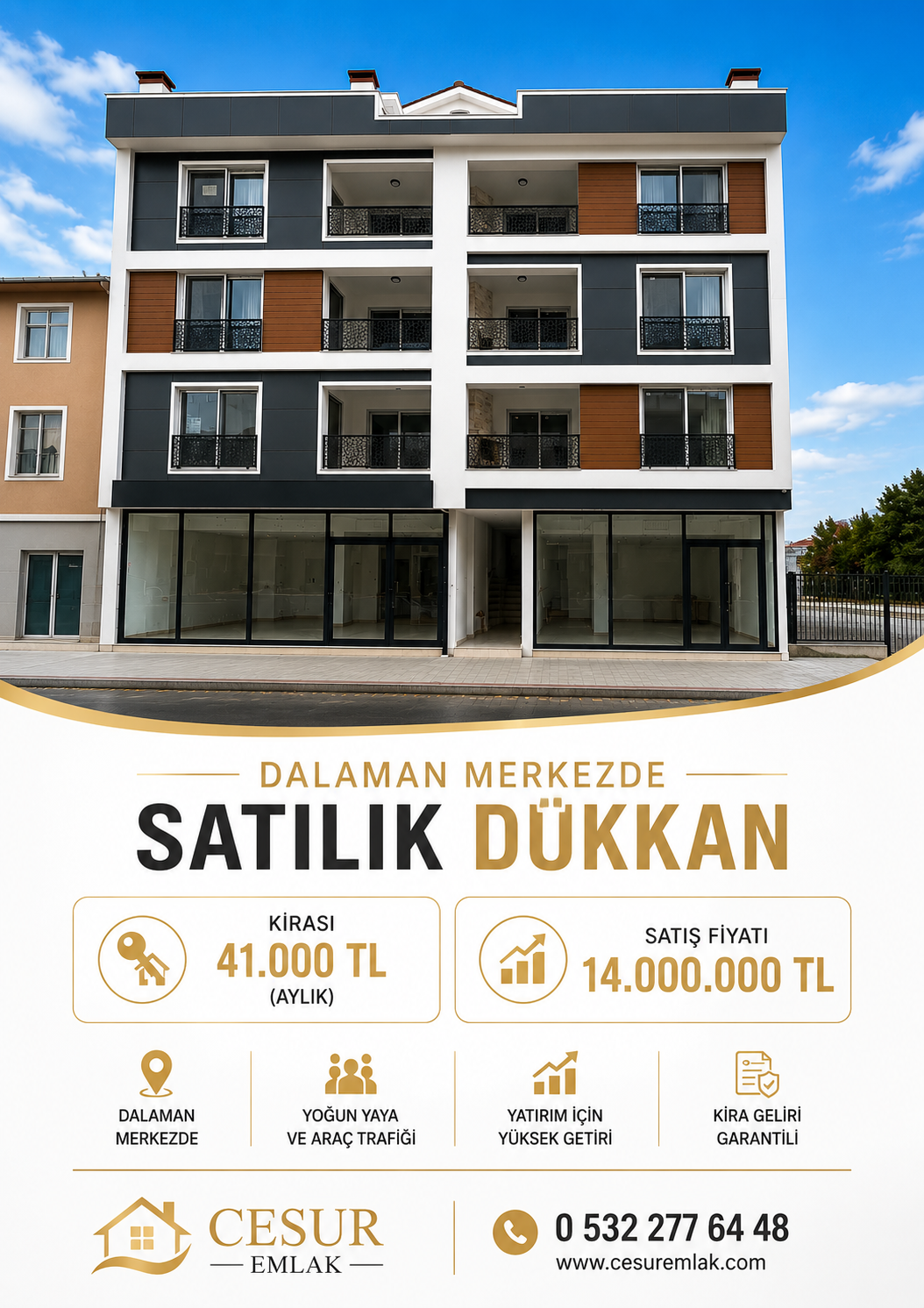 DALAMAN MERKEZ'DE SATILIK 150m2 YATIRIMLIK DÜKKÂN